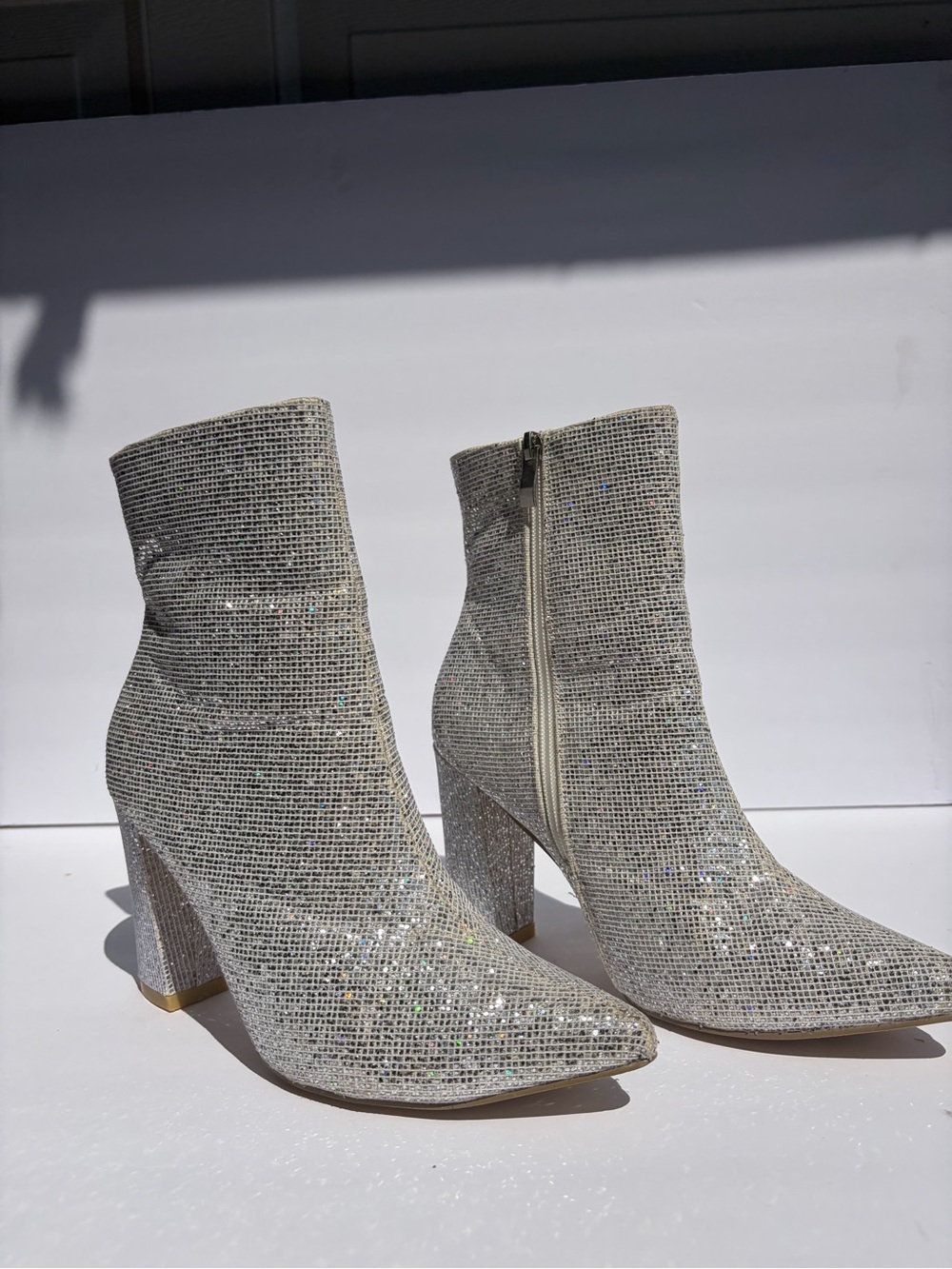 Glitter Pointed-Toe Ankle Boots in Silver